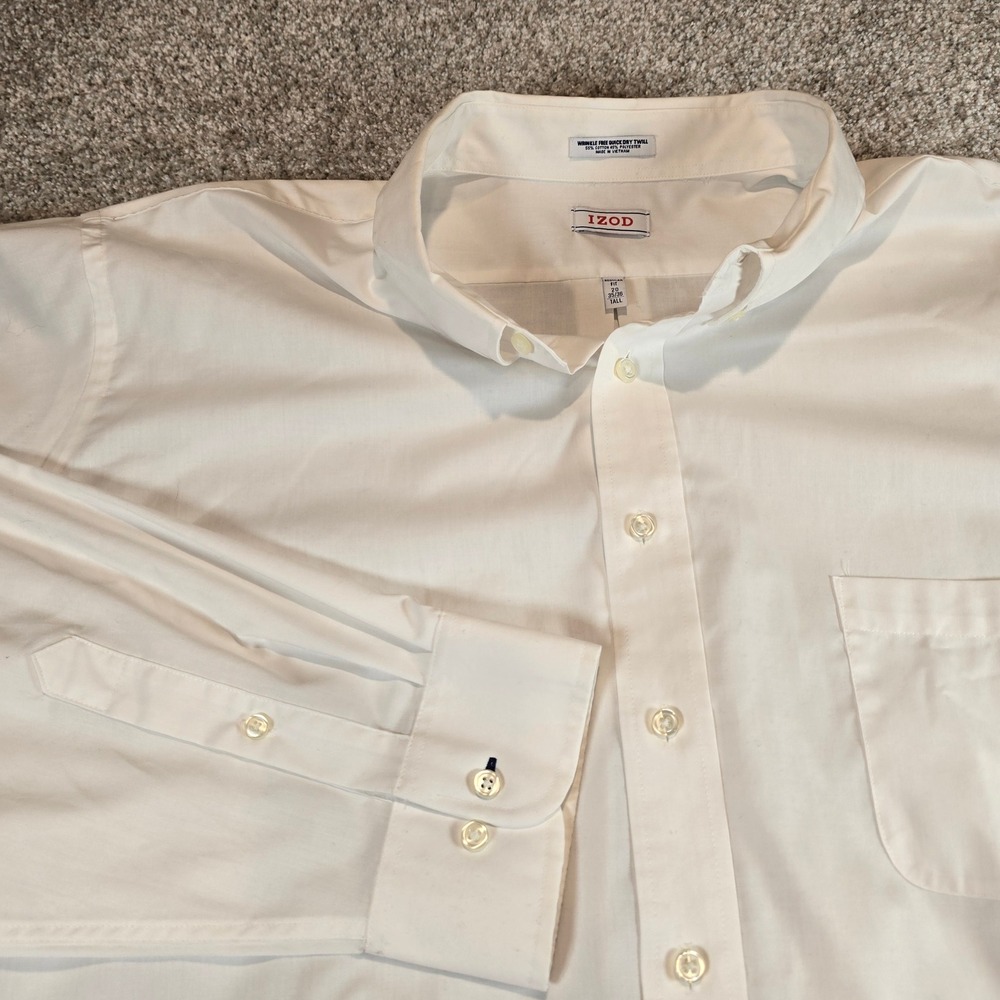 IZOD Mens White Wrinkle Free Quick Dry Twill Dress Shirt 20 35/36 Tall Fit